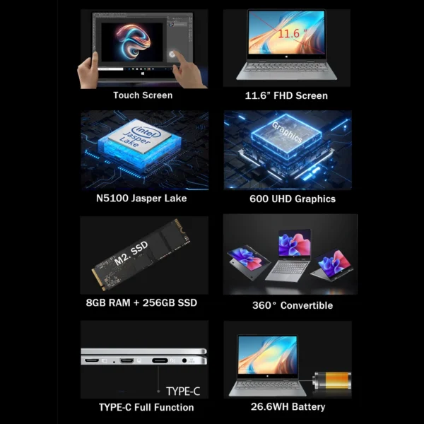 BMAX Y11 Plus 360° Laptop 11.6Inch Intel N5100 1920*1080 IPS TouchScreen Windows 11 8GB RAM 256GB 512GB 1TB SSD Notebook