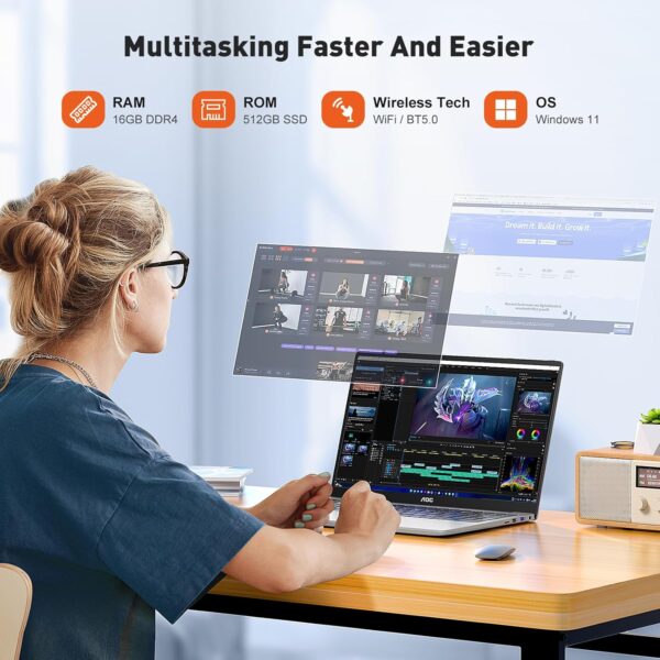 AOC Laptop Computer 16GB RAM 512GB SSD Gaming Laptops 15.6 Inch FHD Screen Premium Laptop (Up to 3.6GHz) Windows 11 Laptop Computer, Light&Thin, Metal Shell, Webcam, Type-C, USB3.2