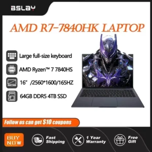 AMD R7-7840HS 16 Inch Gaming Laptop 64GB RAM 4TB SSD DDR5 Win11 Wifi6 HD Camera 5.1 GHz Backlit Keyborad Portable Netbook