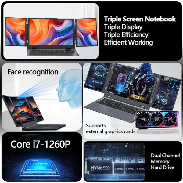 Triple Screen Laptop 16+10.5+10.5inch I7-1260P 64GB 4TB DDR4 Win11 Face Recognition Fingerprint Unlock WIFI6 HD Camera Computer