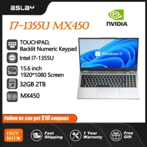 Laptop 15.6 Inch Intel I7-1355U NVIDIA MX450 Backlit Keyboard 32GB RAM 2TB SSD DDR4 Win11 Fingerprint Unlock Gaming Computer