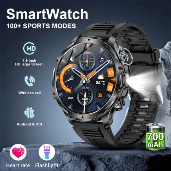 LIGE Smartwatch Military Men 1.9" HD Screen Flashlight Waterproof 700mAh Battery Heart Rate BT Call Smart Watch For Android IOS