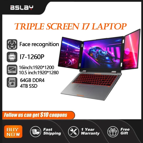 Triple Screen Laptop 16+10.5+10.5inch I7-1260P 64GB 4TB DDR4 Win11 Face Recognition Fingerprint Unlock WIFI6 HD Camera Computer