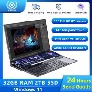 BYONE Dual Screen Gaming Laptop Intel Xeon W 10855M 16 inch +14 Inch Touch Screen Laptop 16GB 32GB RAM 1T 2TB SSD Metal laptops