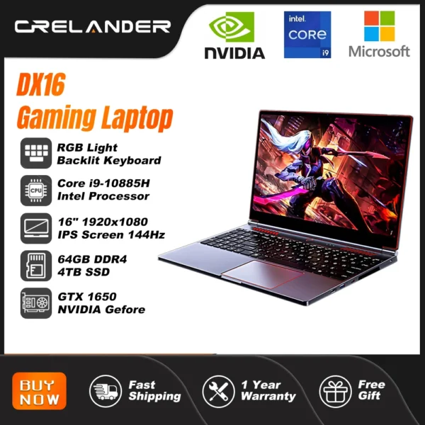 CRELANDER Gaming Laptop 16.1 Inch Intel Core i9 10th Generation Nvidia Graphic GTX 1650 IPS Screen 144Hz Gamer Laptops Notebook