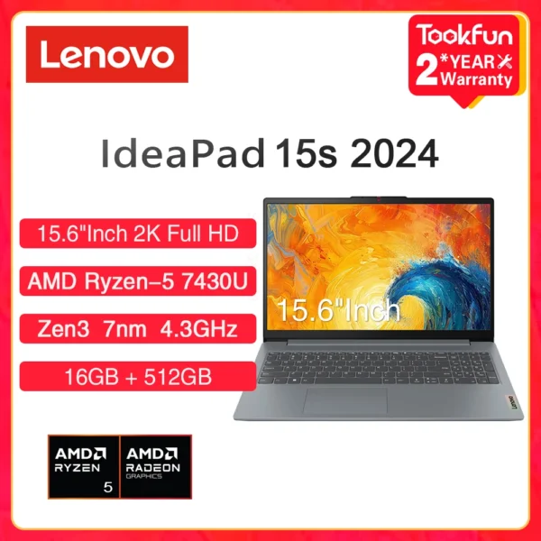Lenovo Laptop IdeaPad 15s 2024 RAM 16GB SSD 512GB 15.6"Inch FHD 2K AMD Ryzen R5 7430U 4.3GHz 47Wh Notebook Ultrabook Computer PC
