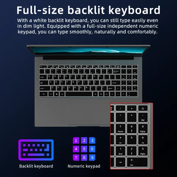 BYONE 15.6 Inch Slim Laptop Intel Celeron N5095 8G 12G RAM 256G 512GB SSD Keyboard Backlight Fingerprint Unlock Portable Laptops