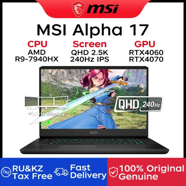 MSI Alpha 17 Gaming Laptop 17.3 Inch QHD 2.5K 240Hz IPS Screen Notebook AMD Ryzen R9-7940HX 16GB 1TB RTX4070 Gaming Computer PC