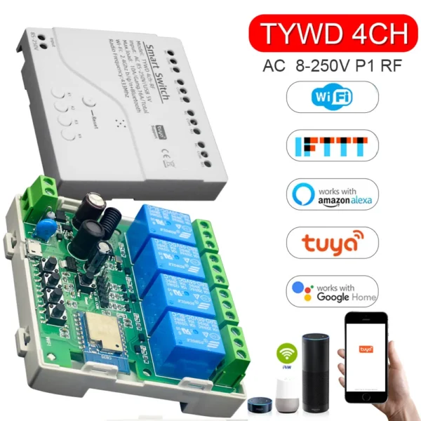 Tuya Smart Switch 4CH Home Automation Relay Module AC DC 7-32V 220V USB 5V RF433Mhz Remote Control 4 Channel Work With Alexa