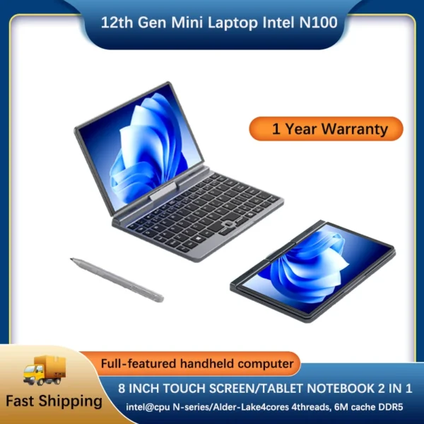 YSJMNPC 12th Gen Mini Laptop Intel N100 Quad Core 8 Inch Screen LPDDR5 12GB 1TB 4800MHz Windows11Pro AX WiFi6 BT5.2 RJ45 LAN