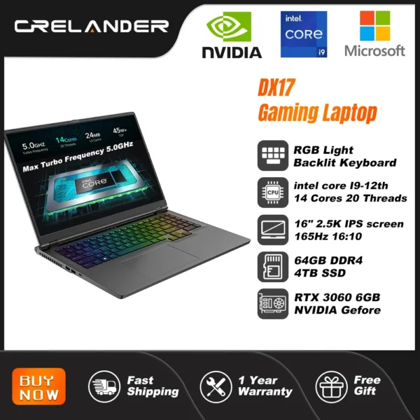 CRELANDER Laptop Gamer 16 Inch Intel Core i9 Processor 2.5k IPS Screen 165Hz RTX 3060 6G RAM 64GB 4TB SSD Notebook Gaming Laptop