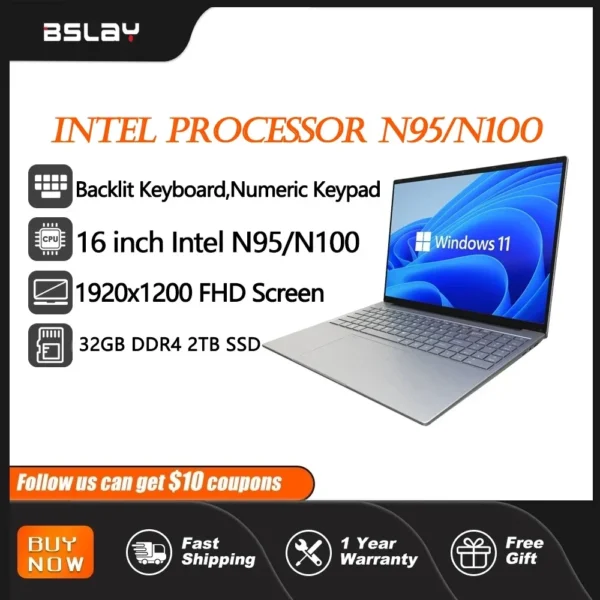 Laptop 16 Inch Intel Processor N95/N100 Backlit Keypad 32 GB DDR4 2TB SSD 3.4 GHz Fingerprint Unlock HD Camera Portable Computer