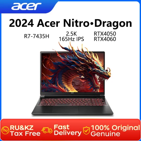 2024 Acer Nitro Dragon Gaming Laptop 16 Inch 2.5K 165Hz IPS Screen Netbook Ryzen R7-7435H 32GB 1TB RTX4060 Gaming Notebook PC