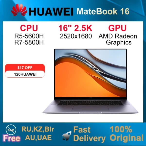 HUAWEI MateBook 16 Laptop AMD Ryzen R5-5600H/R7-5800H 16GB 512GB Notebook Radeon Graphics 16-inch 2.5K Eye Protection Computer