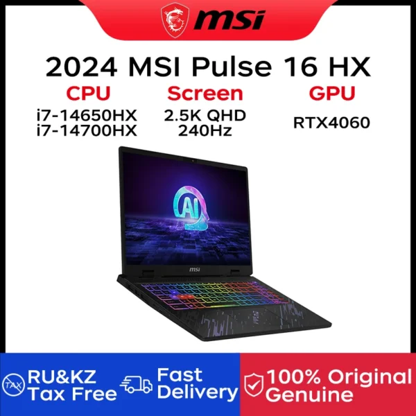 2024 MSI Pulse 16 HX Gaming Laptop 16 Inch QHD 2.5K 240Hz IPS Screen Netbook i7-14700HX 32GB 2TB RTX4060 Notebook Computer PC