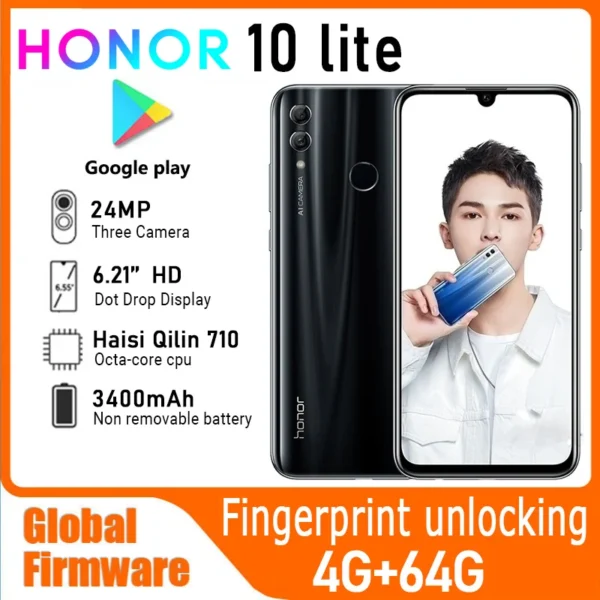 HONOR 10 Lite smartphone Global firmware CPU HiSilicon Qilin 710 24MP camera 6.21 inch battery 3400mAh used phone