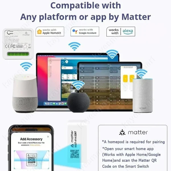 Matter Smart Switch 16A Mini WiFi Relay Module Home Automation DIY Wireless Light Switch Works with Homekit Alexa Google Home