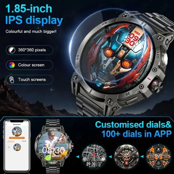 2025New 760mAh Large Battery Outdoor Smart Watch Men 1.85 inch HD Screen GPS Compass Bluetooth Call IP68 Waterproof Smartwatch